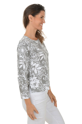 Fog Paisley Scroll 3/4 Sleeve Knit Top