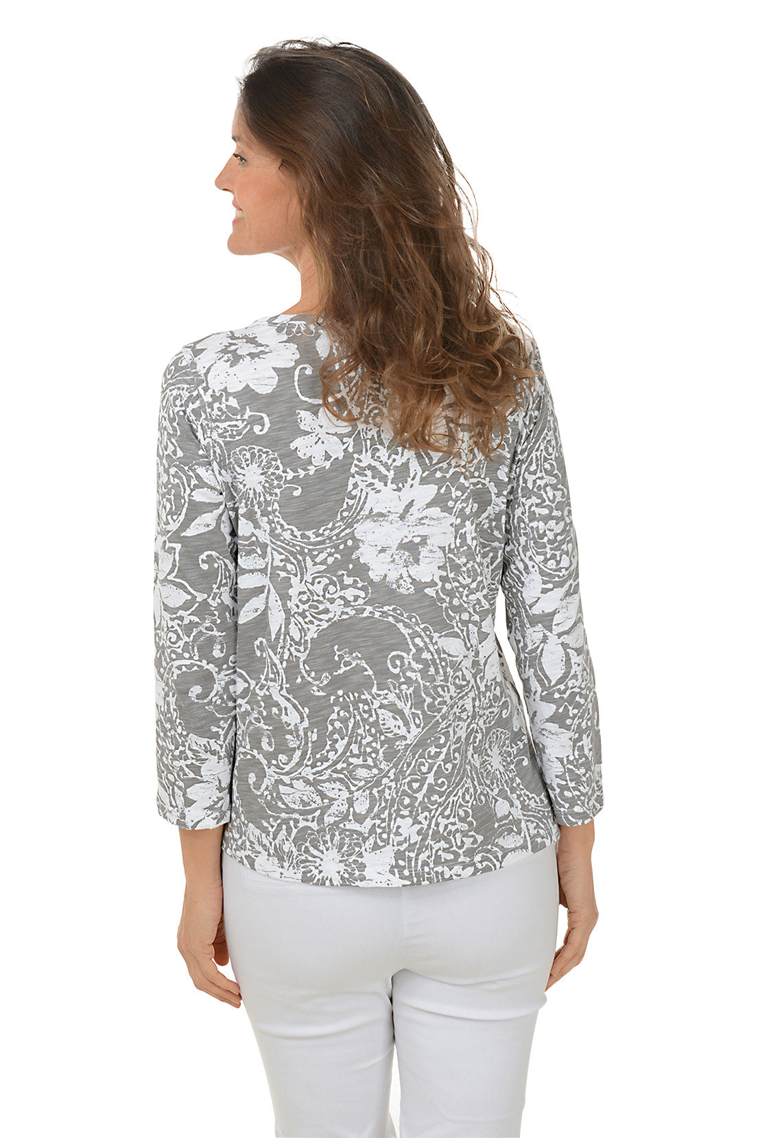 Fog Paisley Scroll 3/4 Sleeve Knit Top