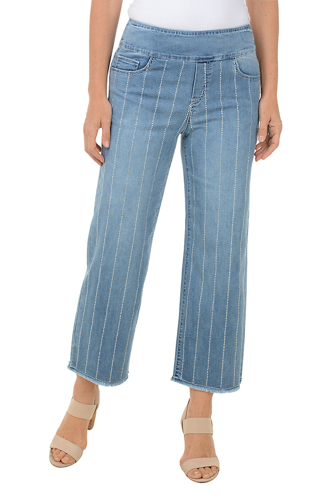 Rhinestone Striped Wide Leg Denim Pant