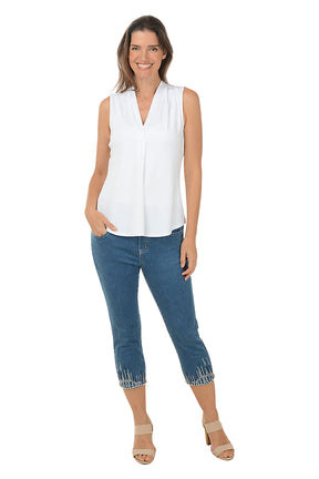 Jeweled Pearl Hem Denim Capri Pant