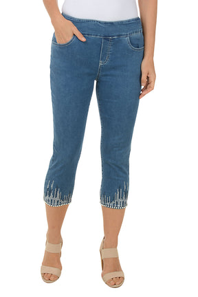 Jeweled Pearl Hem Denim Capri Pant