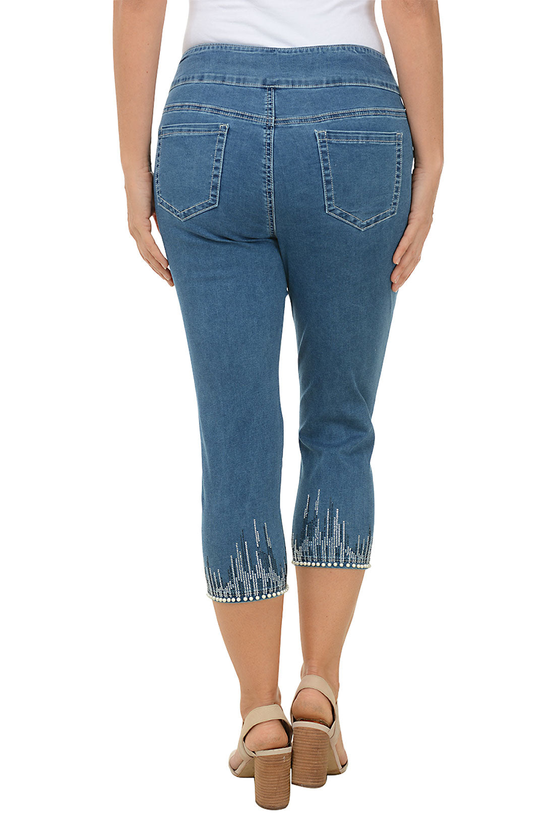 Jeweled Pearl Hem Denim Capri Pant