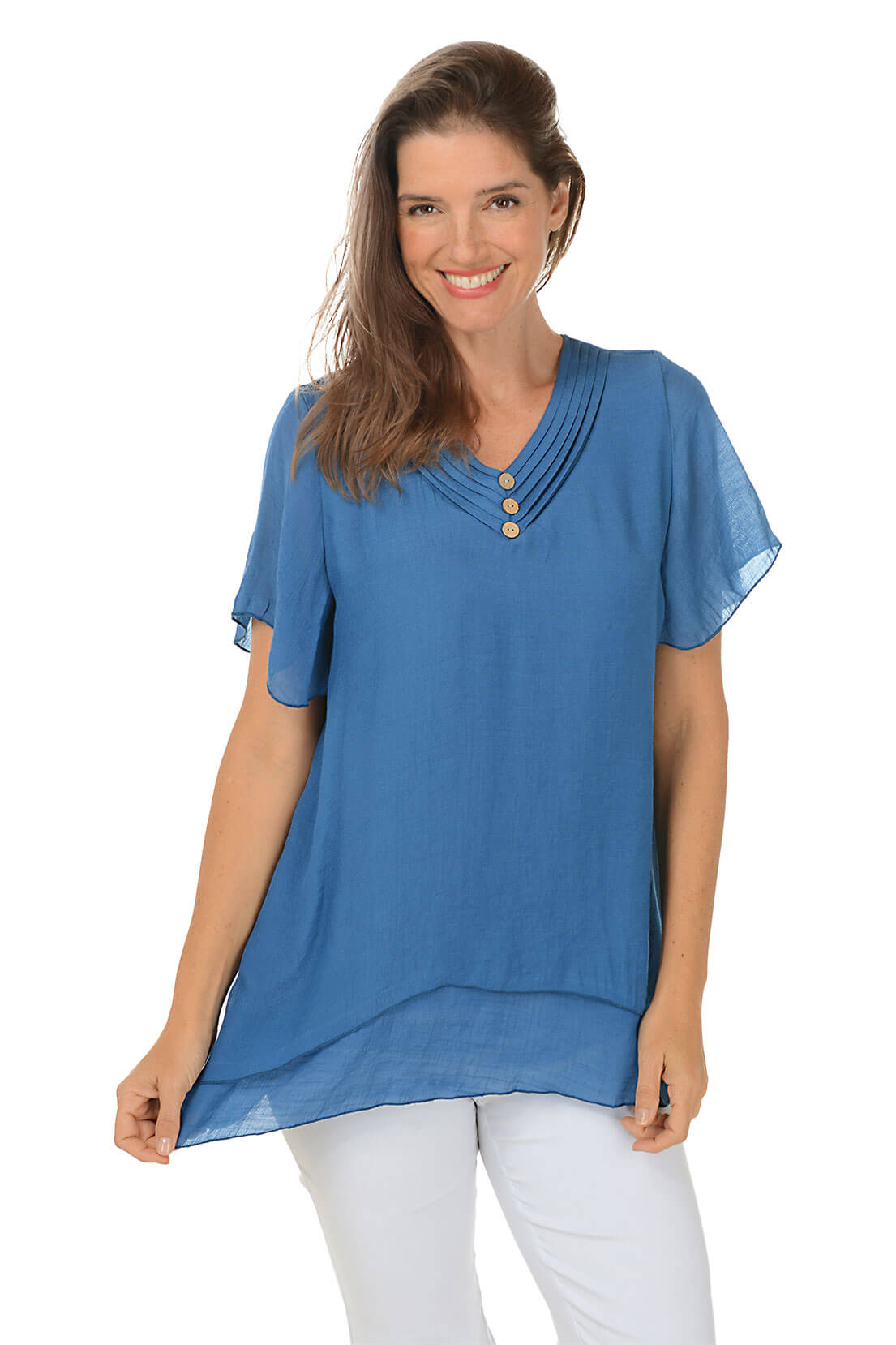 Pleated V-Neck Shark Bite Blouse