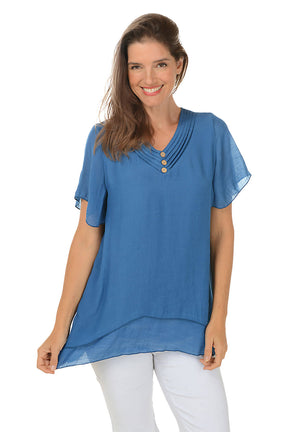 Pleated V-Neck Shark Bite Blouse