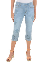 Embroidered Flower Pull-On Denim Capri Pant