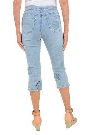 Embroidered Flower Pull-On Denim Capri Pant