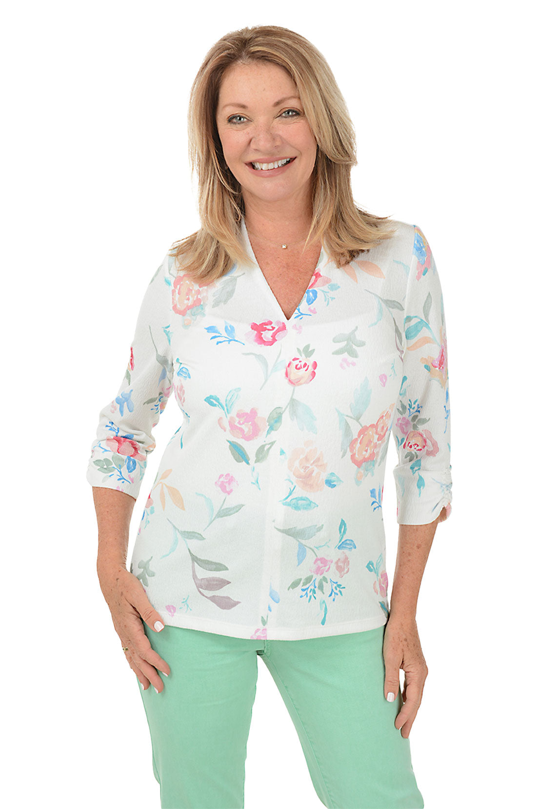 Floating Flowers Ruched 3/4 Sleeve Top