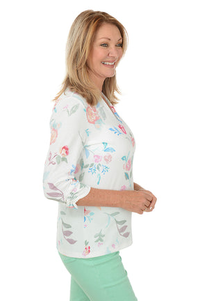 Floating Flowers Ruched 3/4 Sleeve Top