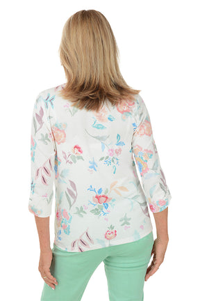 Floating Flowers Ruched 3/4 Sleeve Top