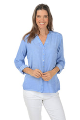 Solid Pleated Sleeve Button-Front Shirt