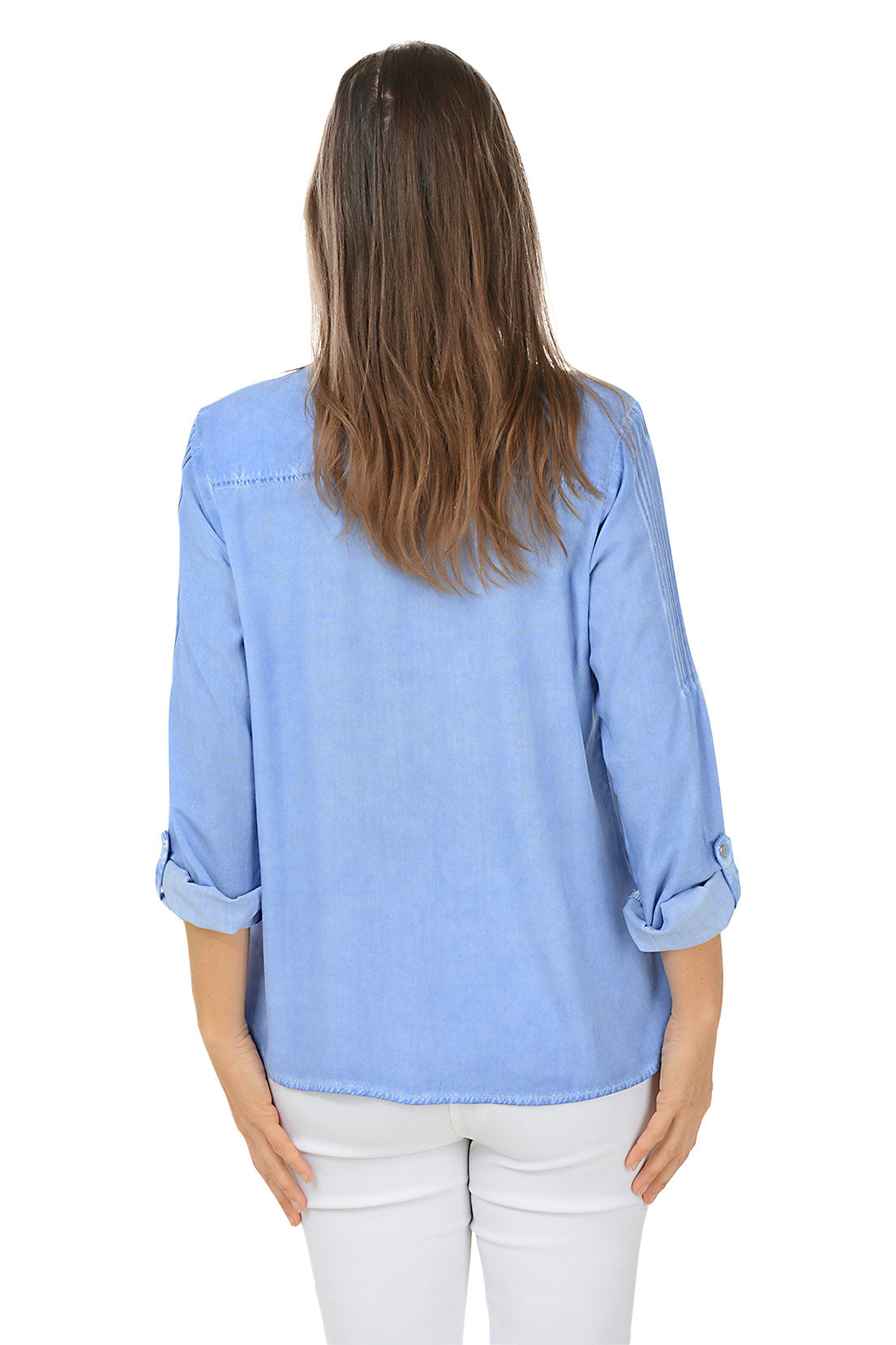 Solid Pleated Sleeve Button-Front Shirt