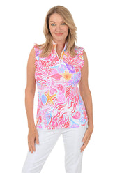 Pink Sea Wave UPF50+ Ruffle Zip Sleeveless Top