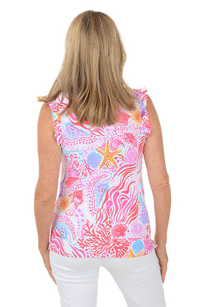 Pink Sea Wave UPF50+ Ruffle Zip Sleeveless Top