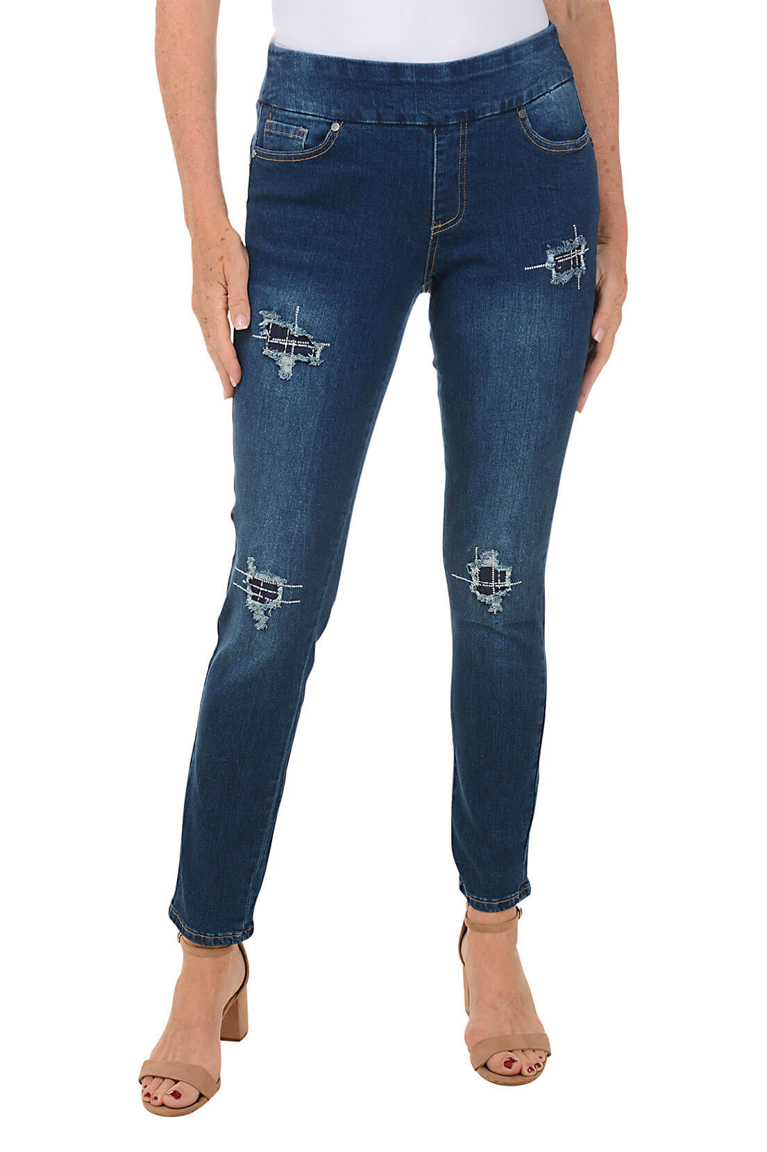 Distressed Rhinestone Patch Denim Pant