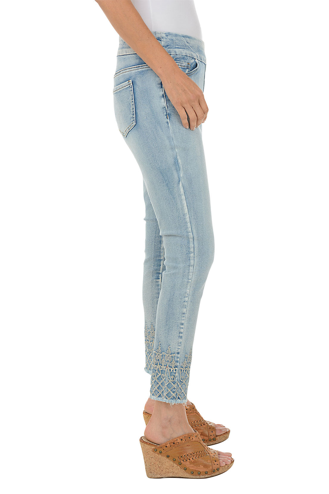 Intricate Hem Acid Wash Denim Ankle Pant