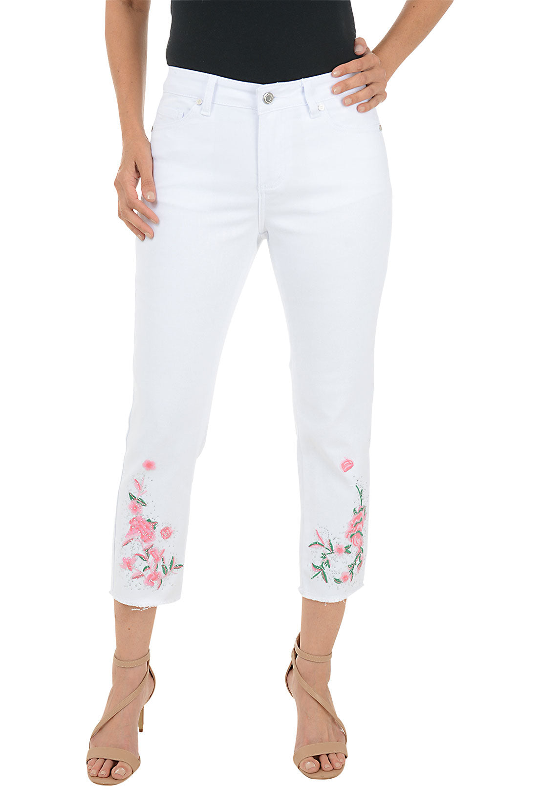 White Rhinestone Roses Denim Capri Pant