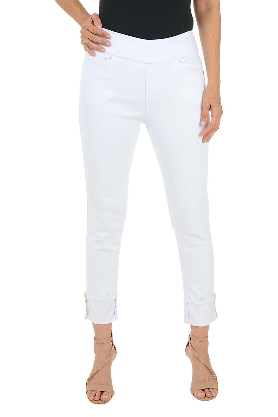 Beaded Pearl Cuff Denim Crop Pant