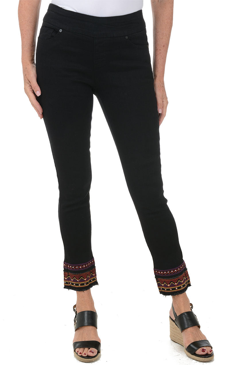 Rhinestone Zig Zag Embroidered Denim Ankle Pant