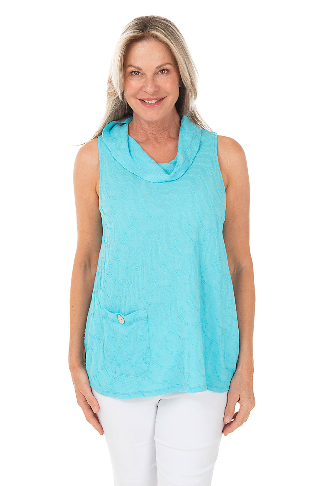 Wavy Knit Cowl Neck Sleeveless Knit Top