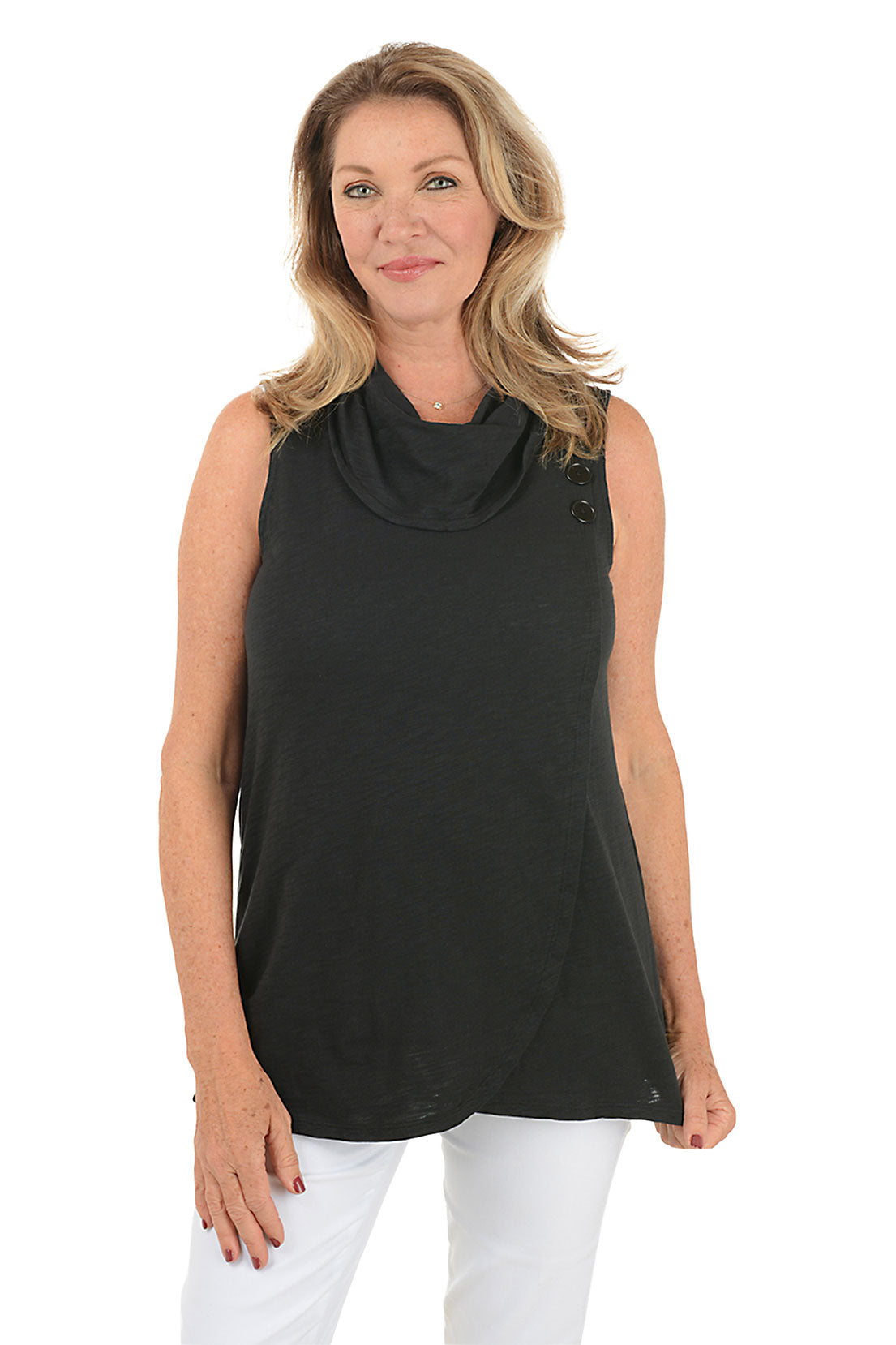 Triple Button Cowl Neck Sleeveless Top