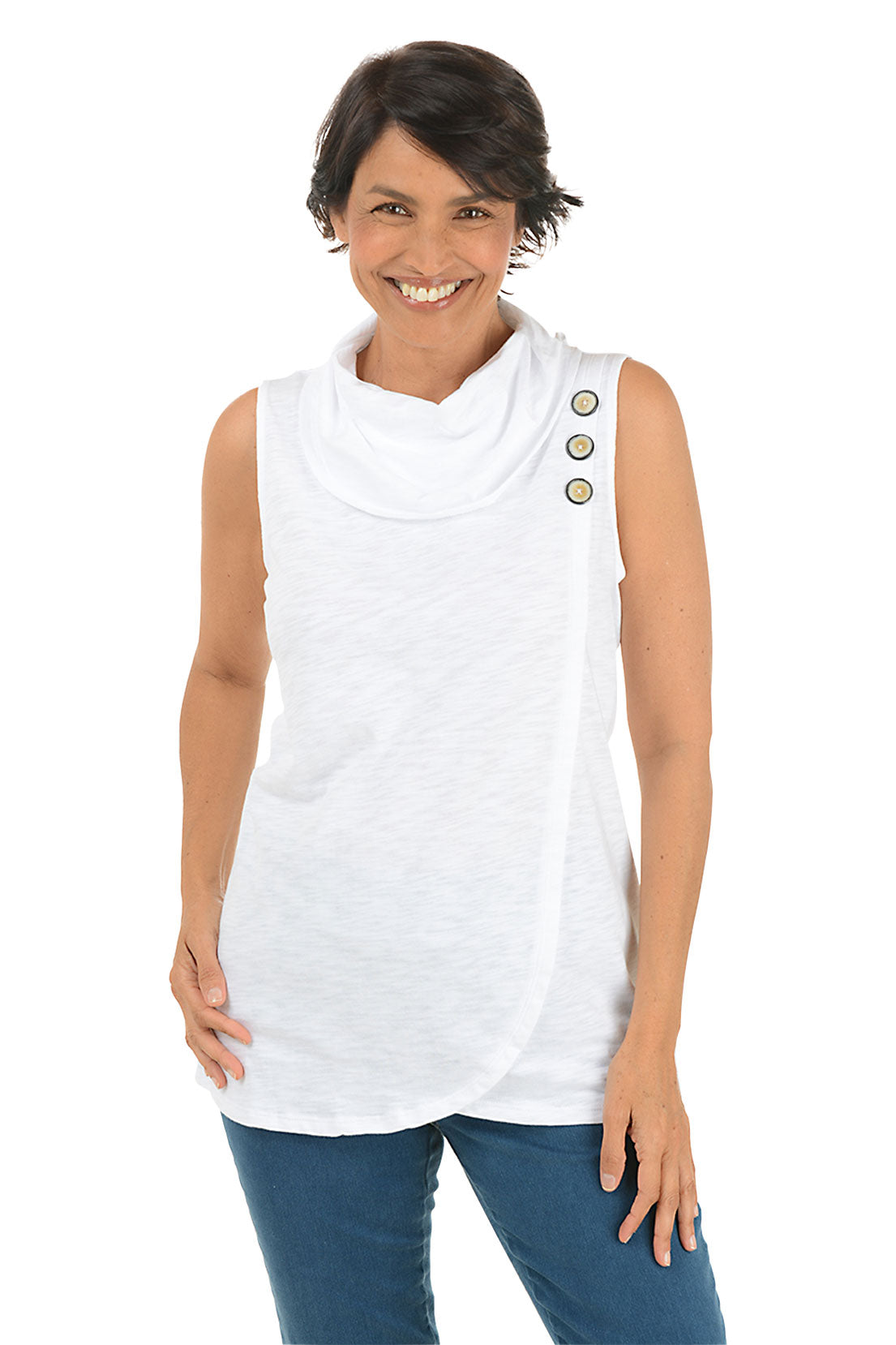 Triple Button Cowl Neck Sleeveless Top