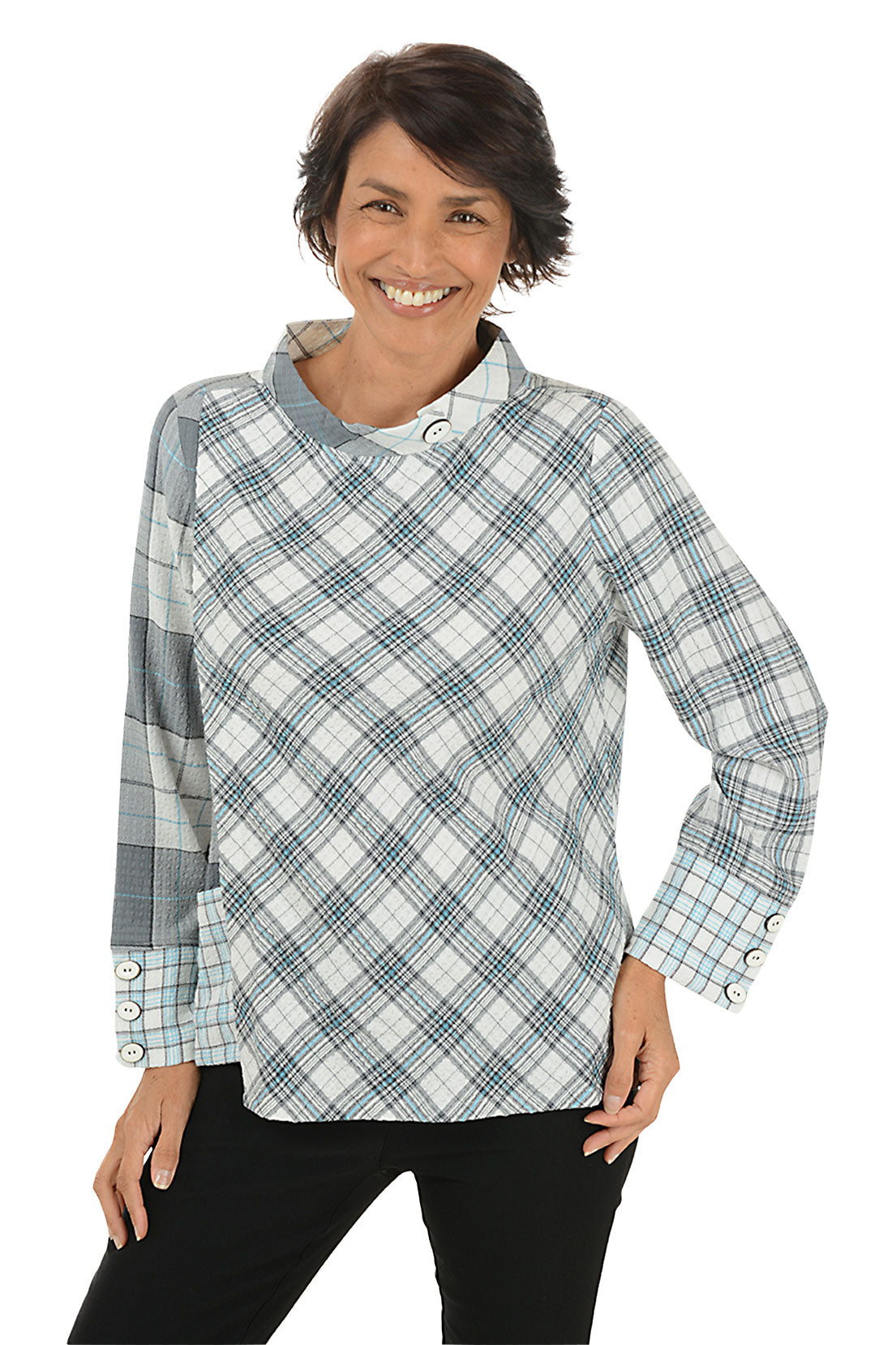 Plaid Button Cuff Asymmetrical Blouse