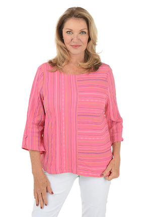 Pink Crinkled Stripe Button Back Blouse