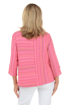 Pink Crinkled Stripe Button Back Blouse