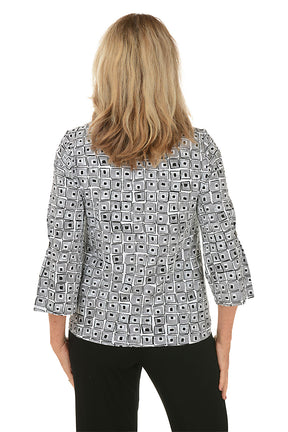 Black Cubism Buttoned Bell Sleeve Top