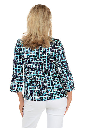 Navy Cubism Buttoned Bell Sleeve Top