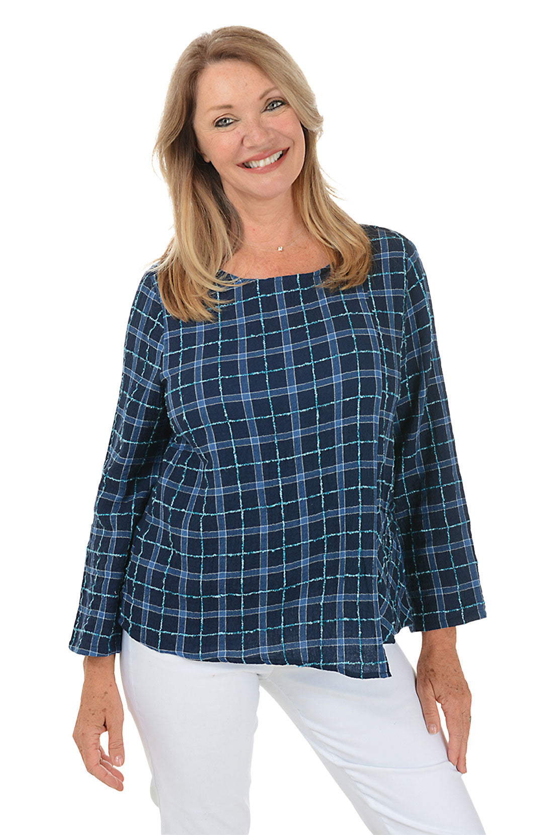 Windowpane Plaid Asymmetrical Blouse