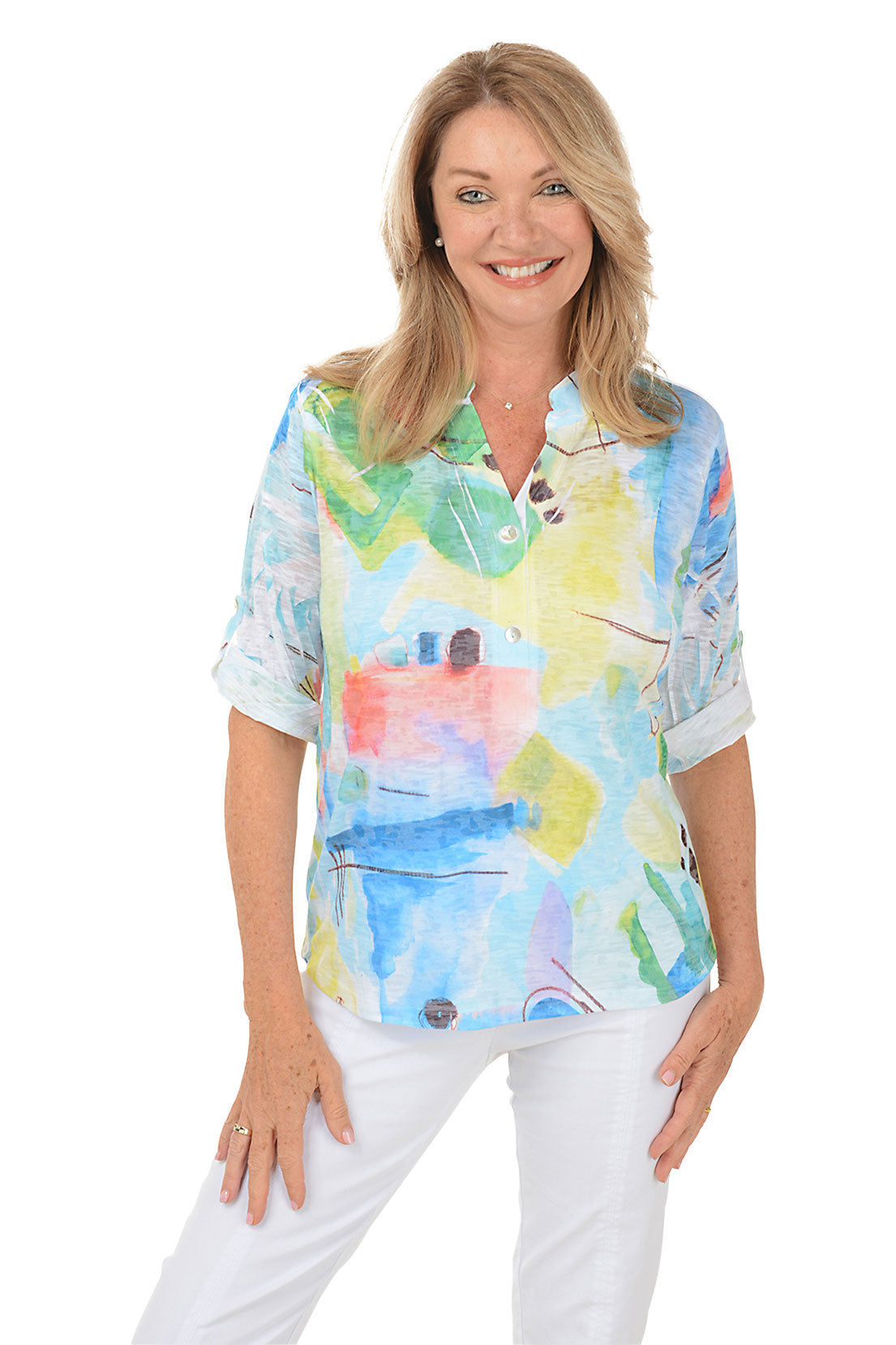 Petite Abstract Waterfront High-Low Knit Top