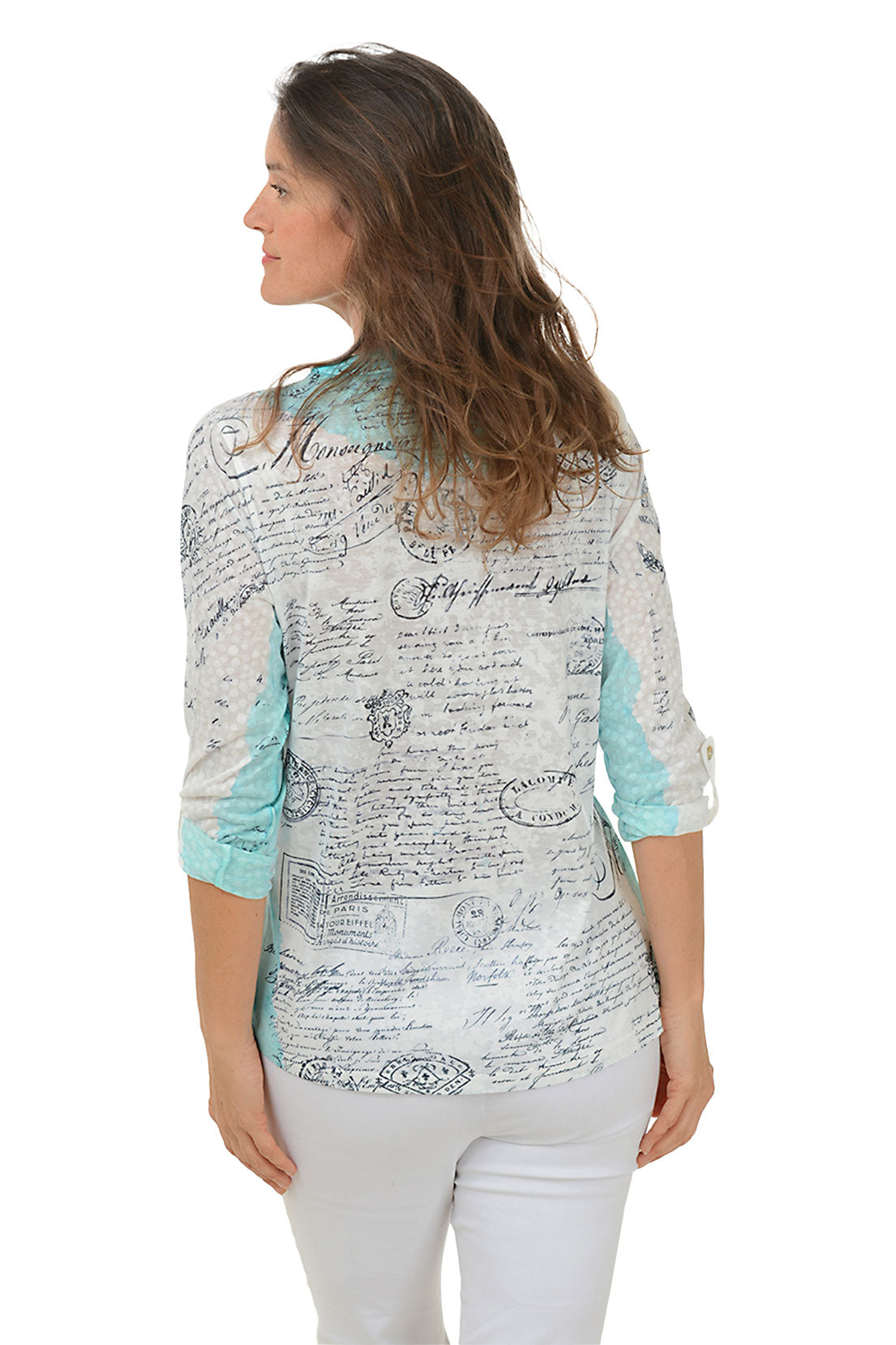 Paris Postage Double Pocket Burnout Blouse