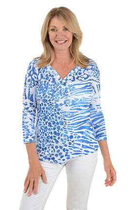 Blue Leopard Sequined Surplice Knit Top