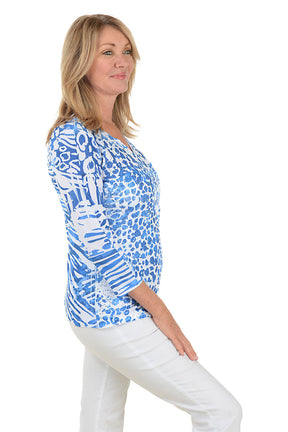 Blue Leopard Sequined Surplice Knit Top