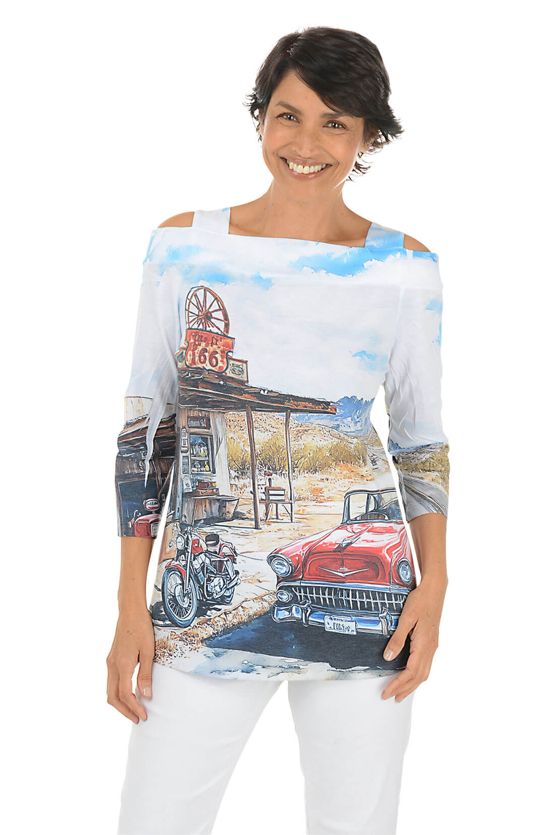 Petite Route 66 Cold Shoulder Knit Top