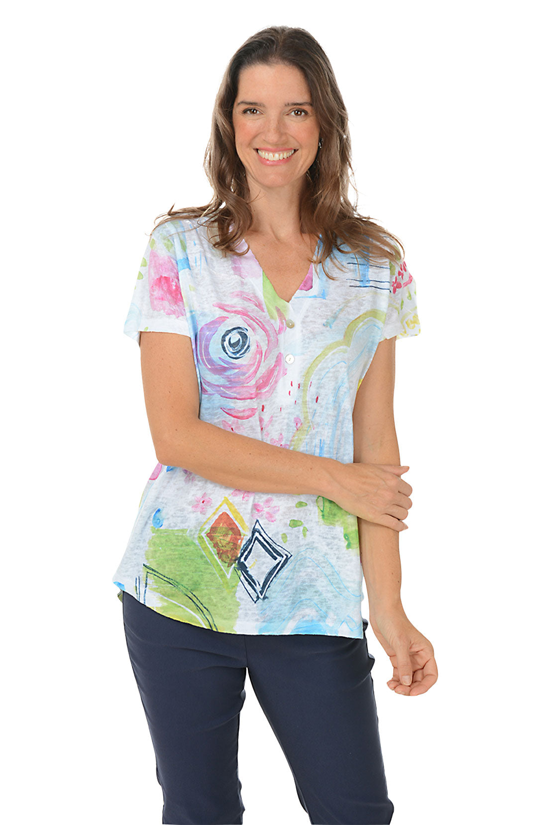 Watercolor Roses Button-Back Short Sleeve Top