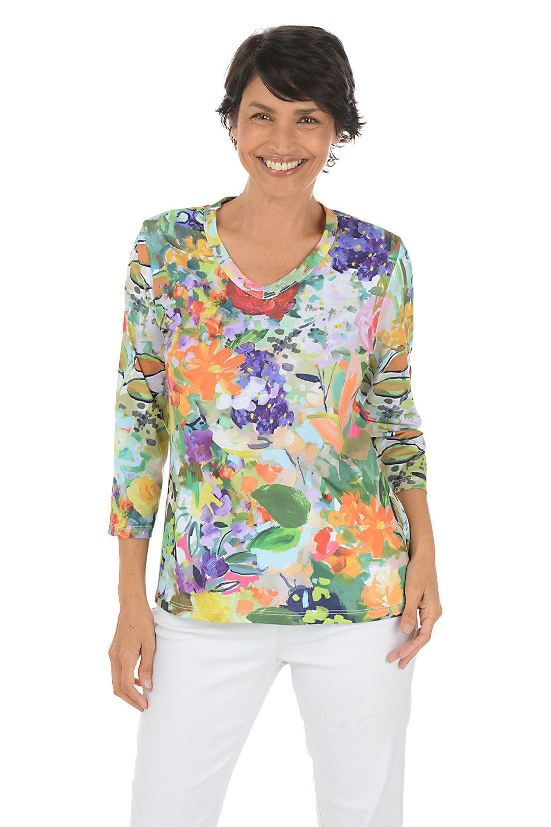 Peonies V-Neck 3/4 Sleeve Top