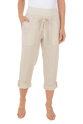 Linen Buttoned Roll Tab Capri Pant