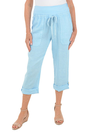 Linen Buttoned Roll Tab Capri Pant