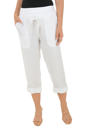 Linen Buttoned Roll Tab Capri Pant