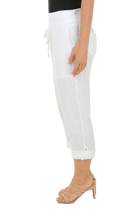 Linen Buttoned Roll Tab Capri Pant