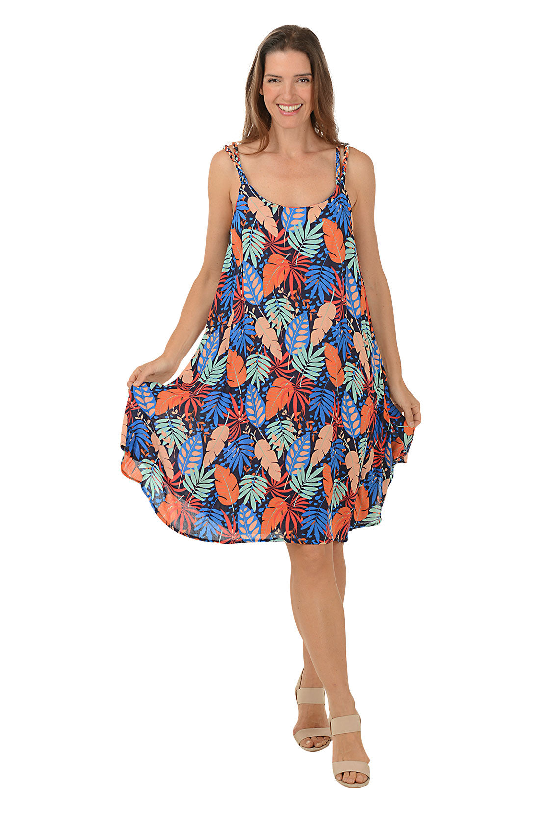 Tropical Leaf Braided Double Strap Dress