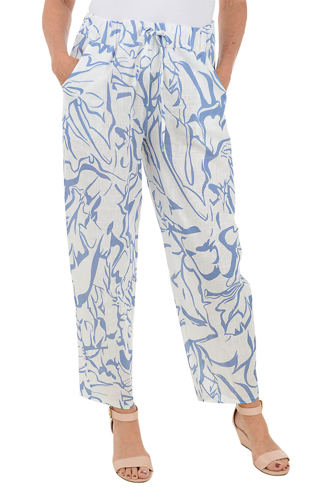 White Abstract Linen Ankle Pant