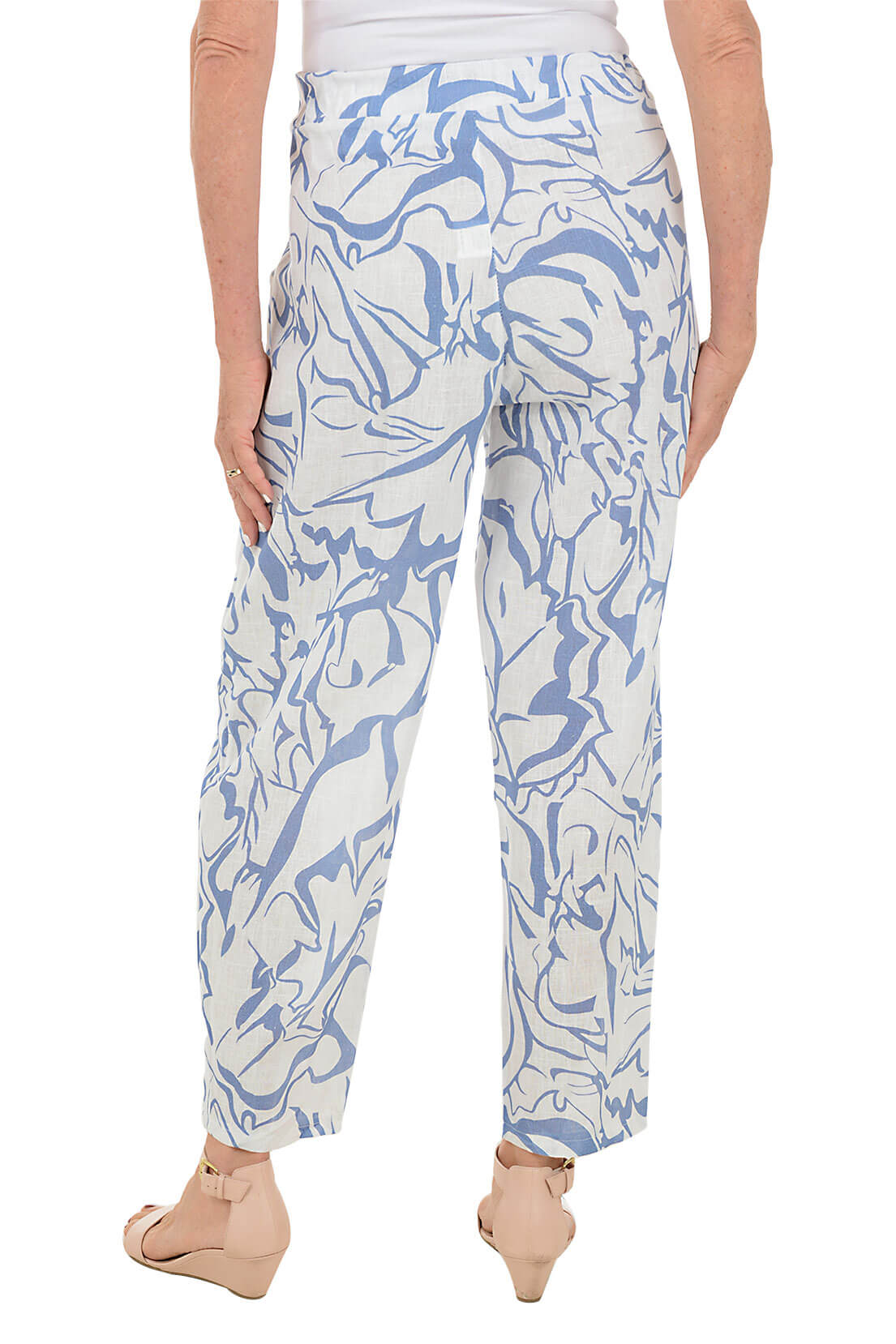 White Abstract Linen Ankle Pant