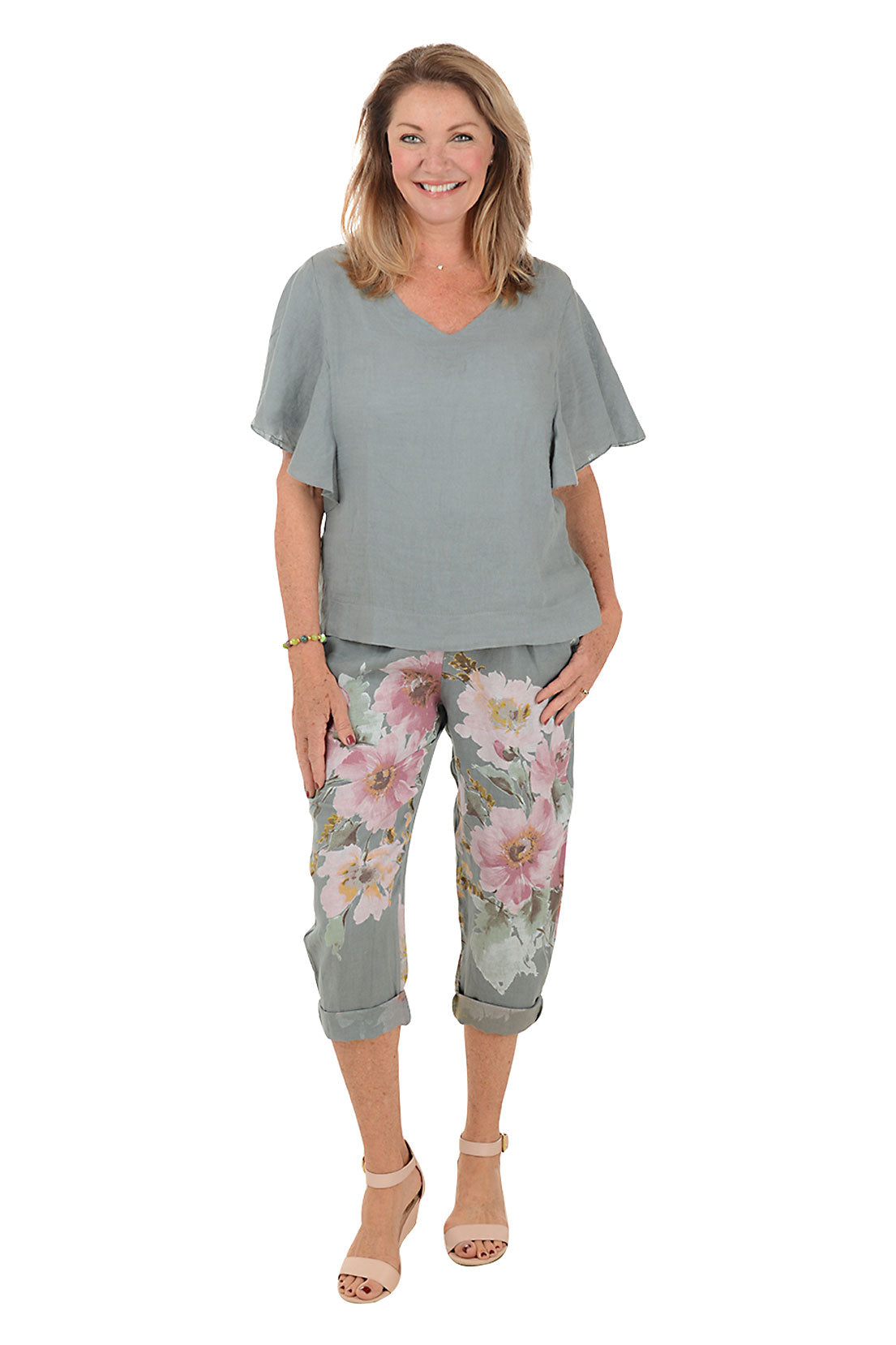 Grey Floral Linen Lounge Pant