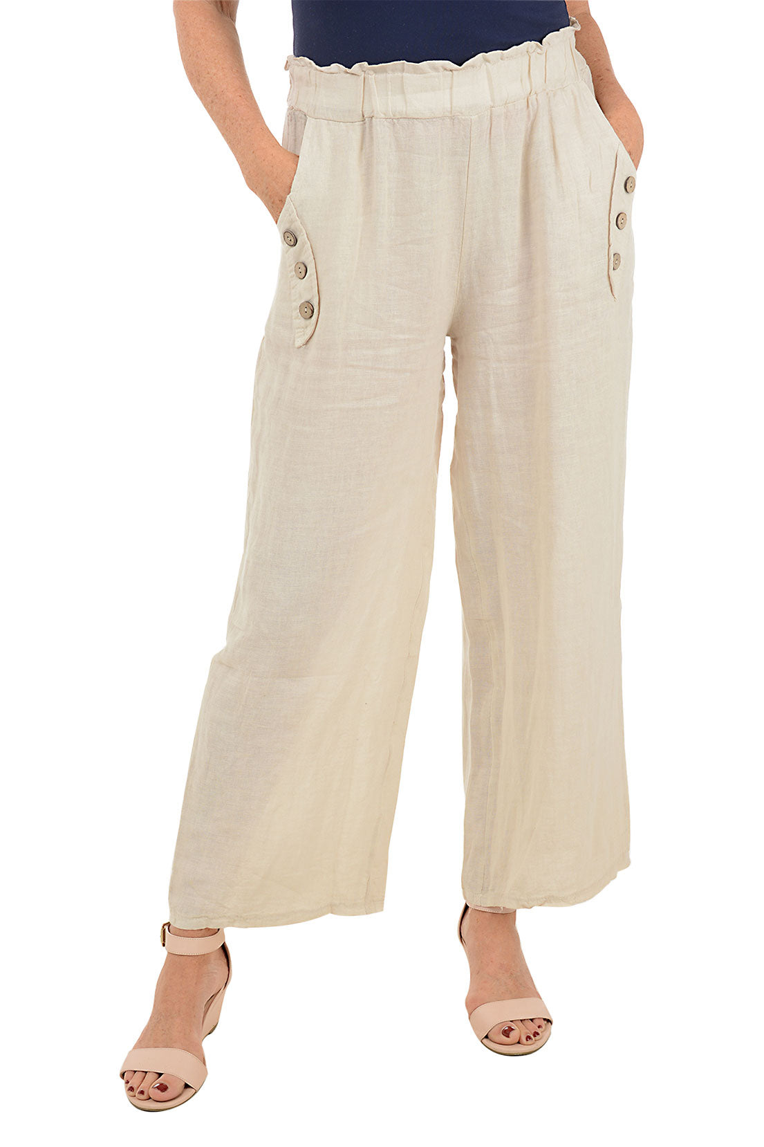 Triple Button Linen Wide Leg Pant