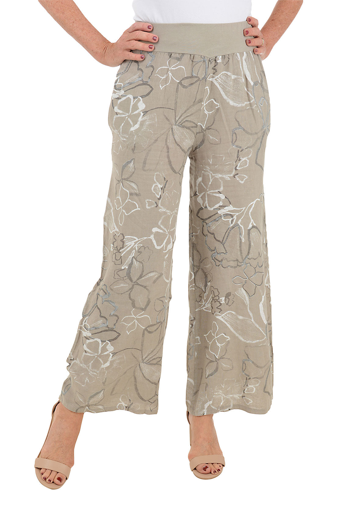 Taupe Floral Linen Palazzo Pant