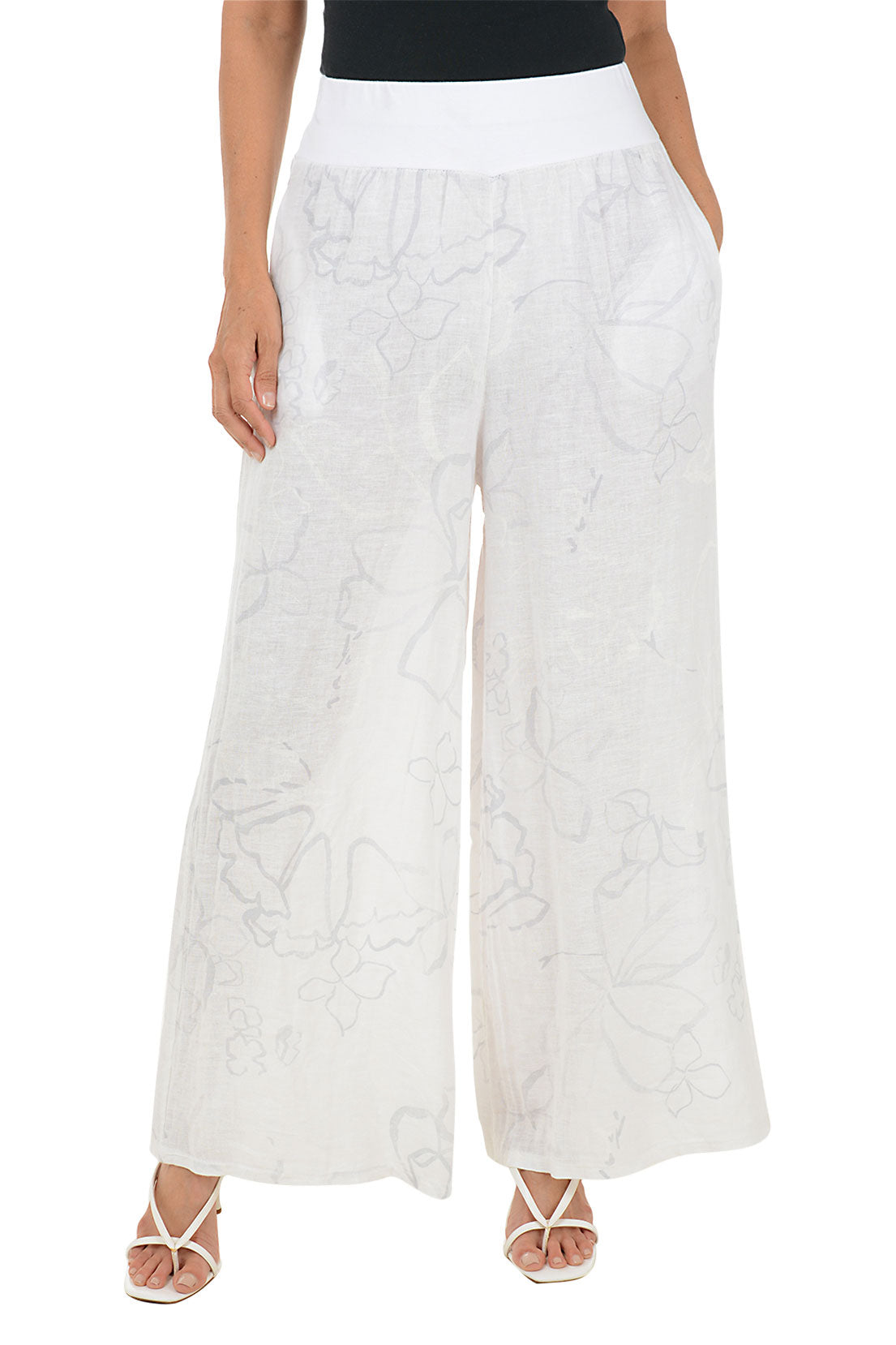 White Floral Linen Palazzo Pant