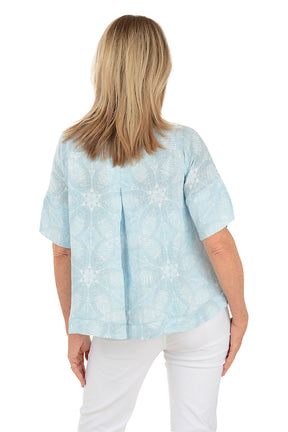 Sky Blue Jungle Floral Linen Blouse